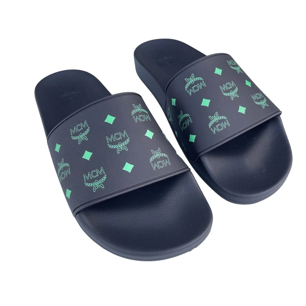MCM Mens Black/Green Visetos Print Rubber Slides Slippers, MEX CSSX01 JW0 EU42
